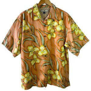 Tommy Bahama Orange and Yellow Tropical Flower Silk Camp Shirt Men's Size Large